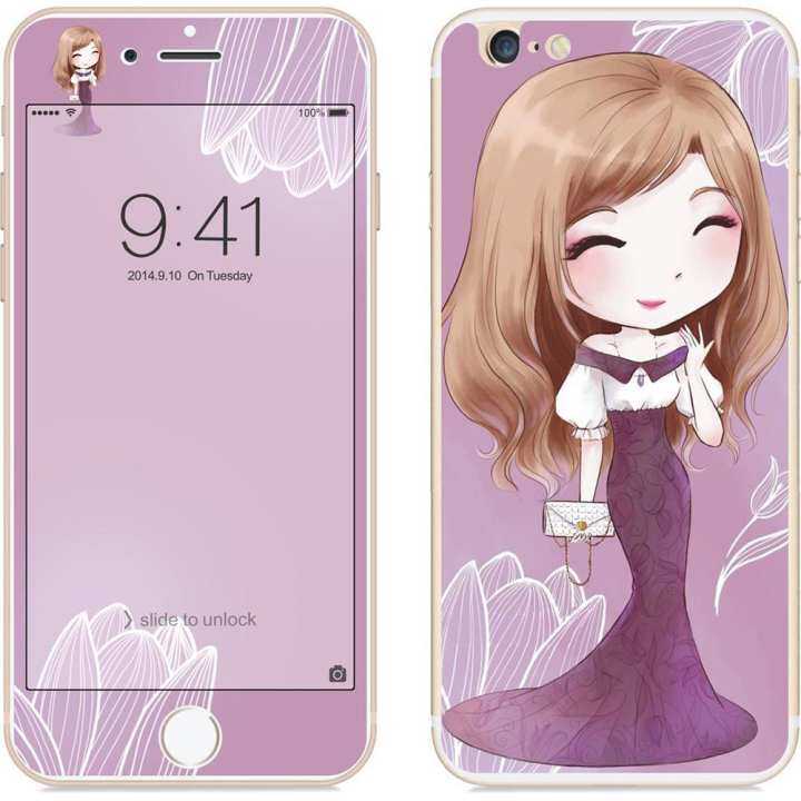 QM untuk iPhone 6/6 S 2.5D Ujung Lengkung Kartun Bunga Gaya Peri Depan & Belakang Colorful Penuh Tempered Glass Protektif Film Spesifikasi: iPhone 6/6 S