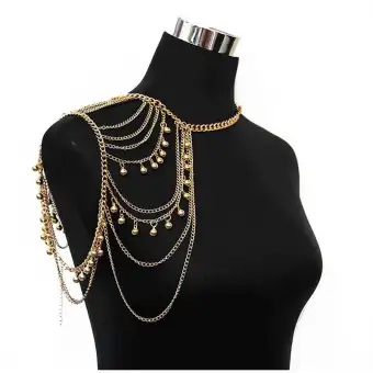 Gold Tone Harness Multilayer Body Chain With Bells Necklace Love