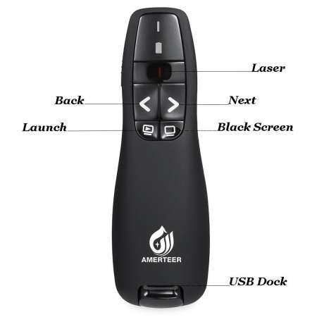 Dewin R400 2.4 กิกะเฮิร์ตซ์ที่นำเสนอ USB แบบไร้สายสีแดงเลเซอร์สำหรับชี้พาวเวอร์พอยต์รีโมทคอนโทรลสำหรับการนำเสนอพาวเวอร์พ้อยท์