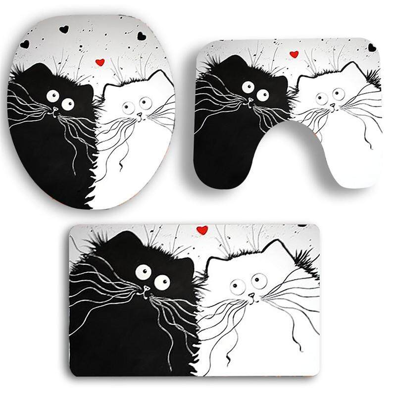 Polyester Love Two Cats Bath Mats 3PCS/Set Toilet Lid Cover Mat Absorbent Floor Rug Carpet Non Slip PVC Bathroom Decor - intl