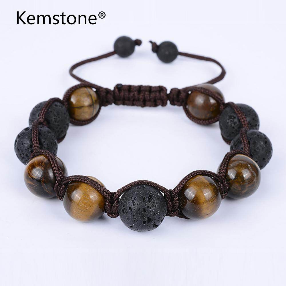 Kemstone Handmade Original Accessories 12MM Tiger Eye Stone Weave Adjustable Bracelet Volcanic Rock Bracelet for Men