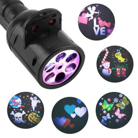 3 โหมด LED ไฟฉายส่องไฟ 6 รูปแบบฟิล์มการ์ด Xmas โปรเจคเตอร์ฮัลโลวีนไฟฉาย