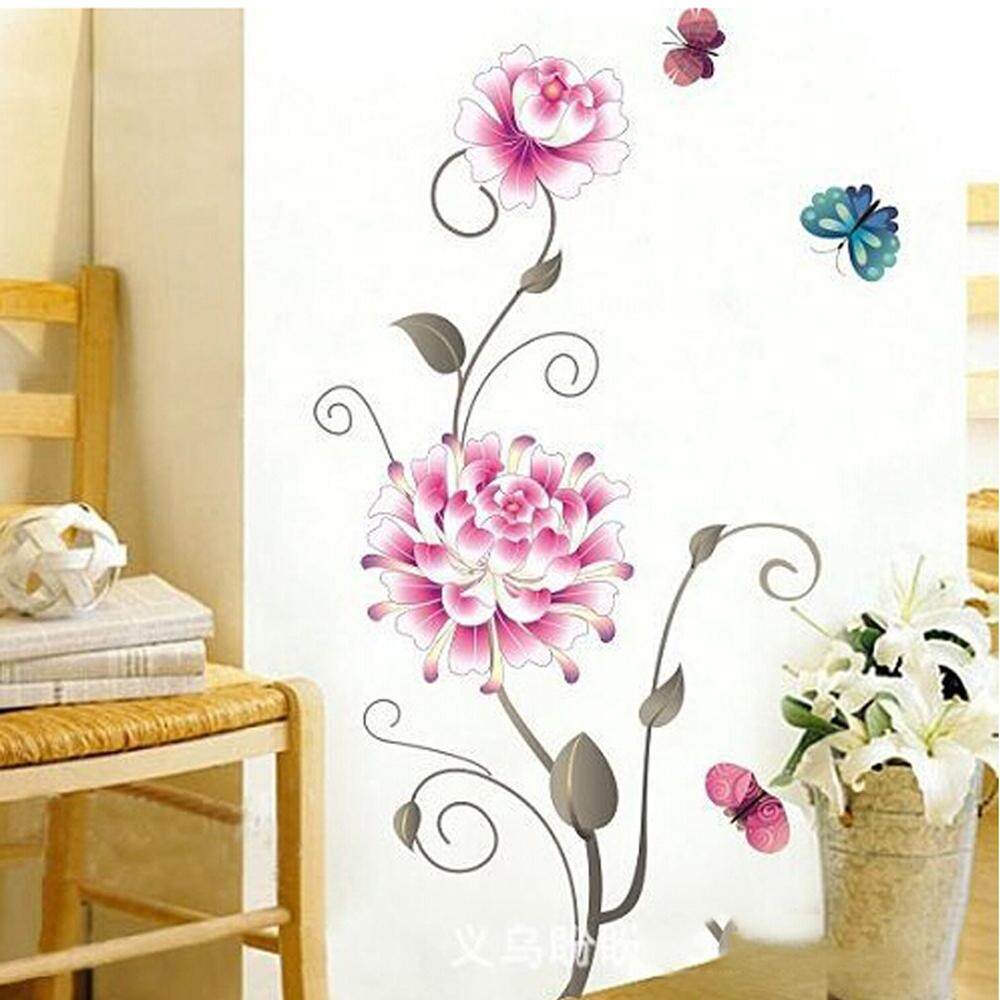 Pink Flower Butterflies PVC Wall Decals DIY Home Sticker WallPaper Vinyl Wall arts Pictures Removable Murals For House Decoration Baby Living Rooms Bedroom Toilet