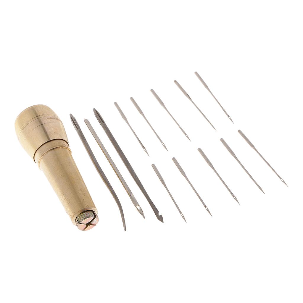 Loviver 14Pcs/set Needles Copper Handle Sewing Awl Hand Stitcher Shoe Repairing Tool
