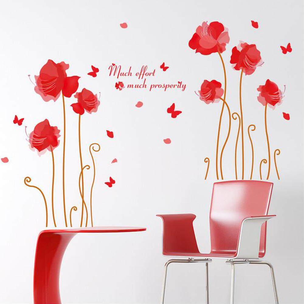 Red Flower Butterflies PVC Wall Decals DIY Home Sticker WallPaper Vinyl Wall arts Pictures Removable Murals For House Decoration Baby Living Rooms Bedroom Toilet