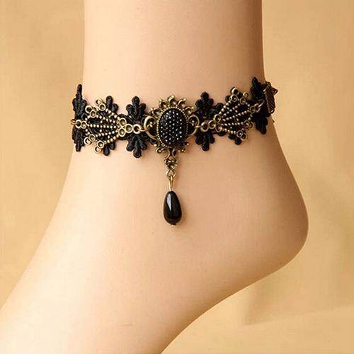 Gravitational wave Women Vintage Black Floral Lace Anklet Chain Ankle Sandal Bracelet Foot Barefoot
