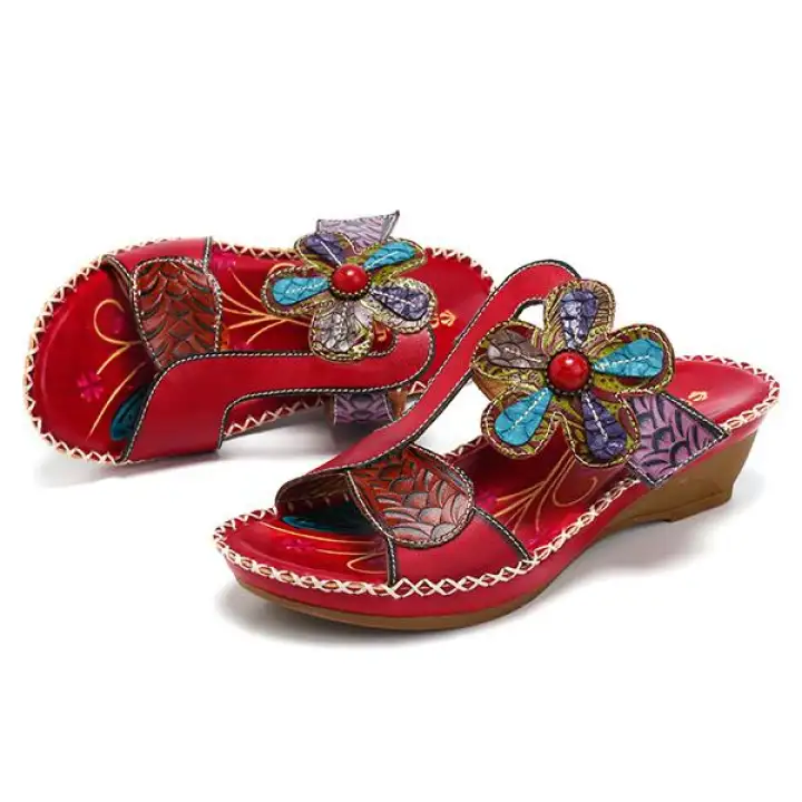 socofy bohemian leather adjustable hook loop printing forest sandals