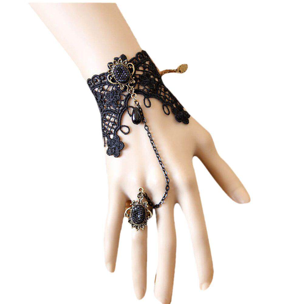 Retro Women Lady Girls Lace Chain Wristband Bracelet With Finger Ring And Jewel Jewelry For Costume Ball Fancy Ball Masquerade - Black