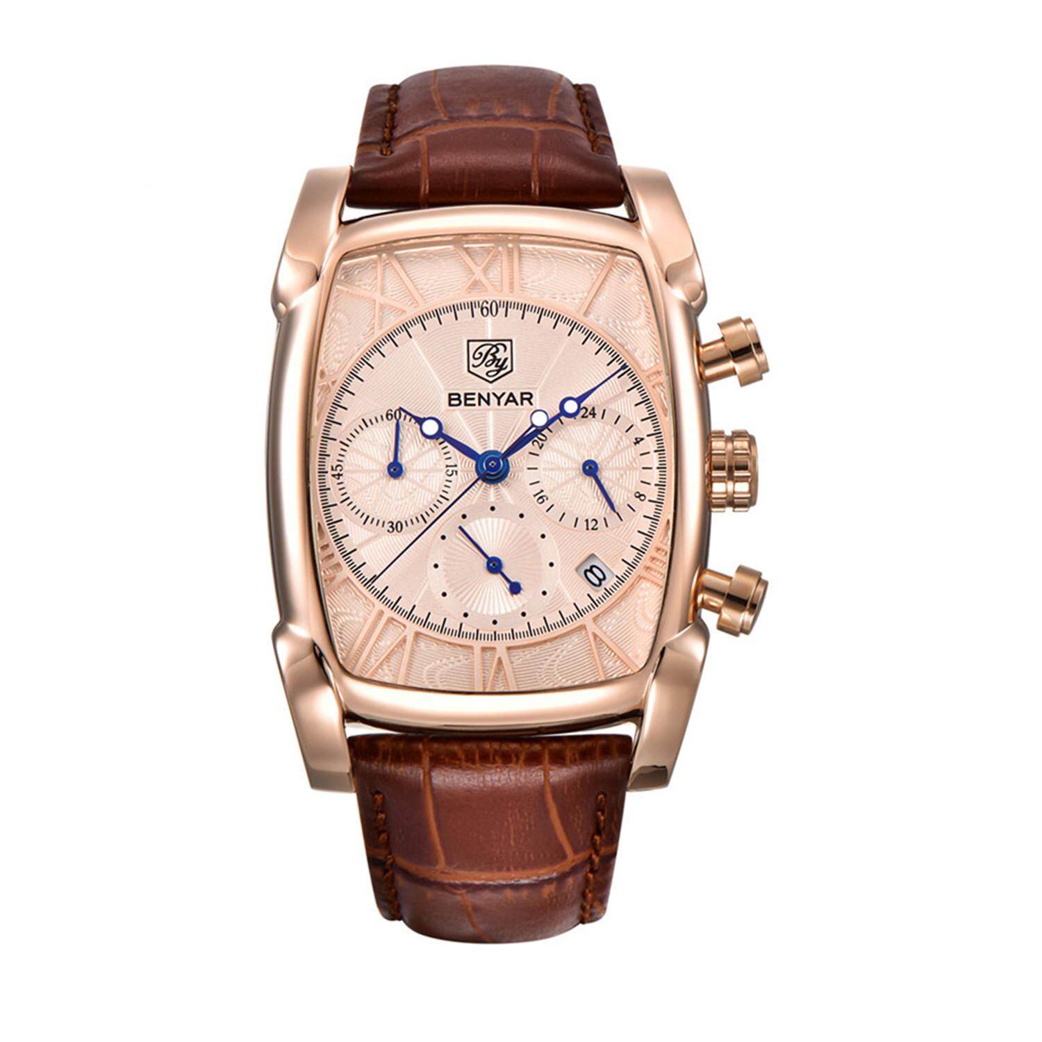Benyar Kulit Tali Kalendar Double Mode Kuarza Menonton Jenama Mewah Lelaki Watch 30 M Tahan Air Kasual Watch Relogio Masculino