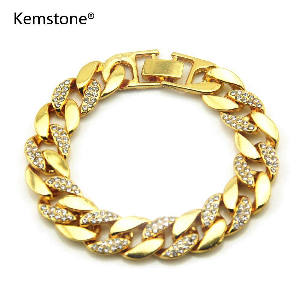 Kemstone Fashion Gold Plated Stainless Steel Rhinestone 14MM Cuban Chain Link Bracelet Hip Hop Jewelry for Men