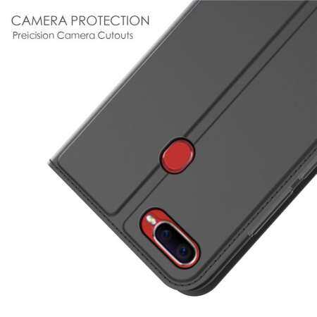 กรณี Moonmini สำหรับสำหรับ OPPO F9 หนัง PU Ultra บางพลิกฝาครอบพร้อมช่องเสียบบัตรและขาตั้ง