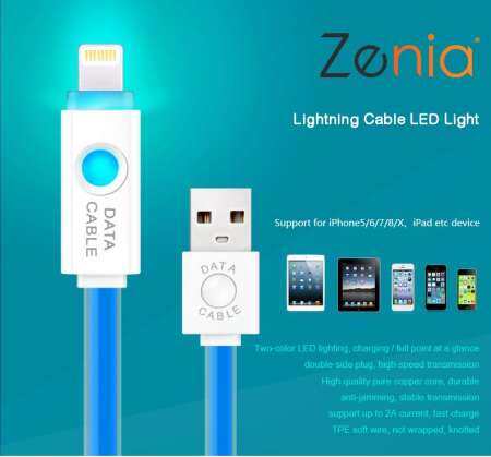 Zenia สายเคเบิลหลอดไฟสี TPE ไฟ LED Sync ข้อมูลสำหรับ for Apple iPhone iPad