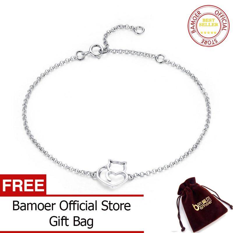 BAMOER Free Shpping 100% 925 Sterling Silver Cat And Heart Link Chain Bracelets & Bangles for Women Authentic Silver Jewelry Gift SCB102