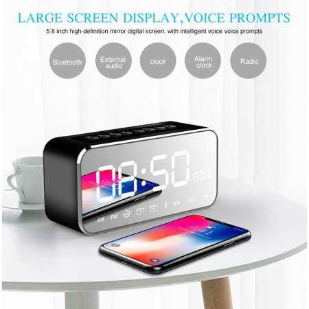 Rodeal 2018 ใหม่ล่าสุดนาฬิกาปลุกวิทยุ 3 วัตต์ลำโพงไร้สาย, เตือนนาฬิกาหน้าจอกระจก  นาฬิกาไนท์แสตนด์และจอแสดงผลขนาดใหญ่ LED หรี่, ของขวัญที่ดีที่สุดสำหรับผู้ชายผู้หญิงวัยรุ่น - สีดำ - INTL