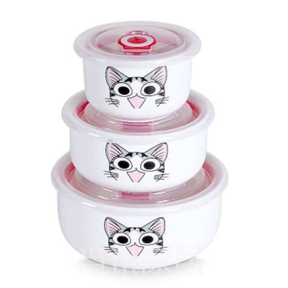 Kotak Bekal Makan Siang Keramik Rumah Tangga Mangkuk Segar Tiga Potong dengan Penutup Kotak Bekal Makan Siang Seal Keju Kucing Makan Siang Emas Plum Gelembung Lucu Teko Penyiram Kaca Kotak kotak Kreatif Mangkuk Bubuk