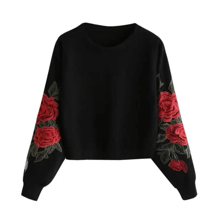 embroidered rose applique sleeve hoodie