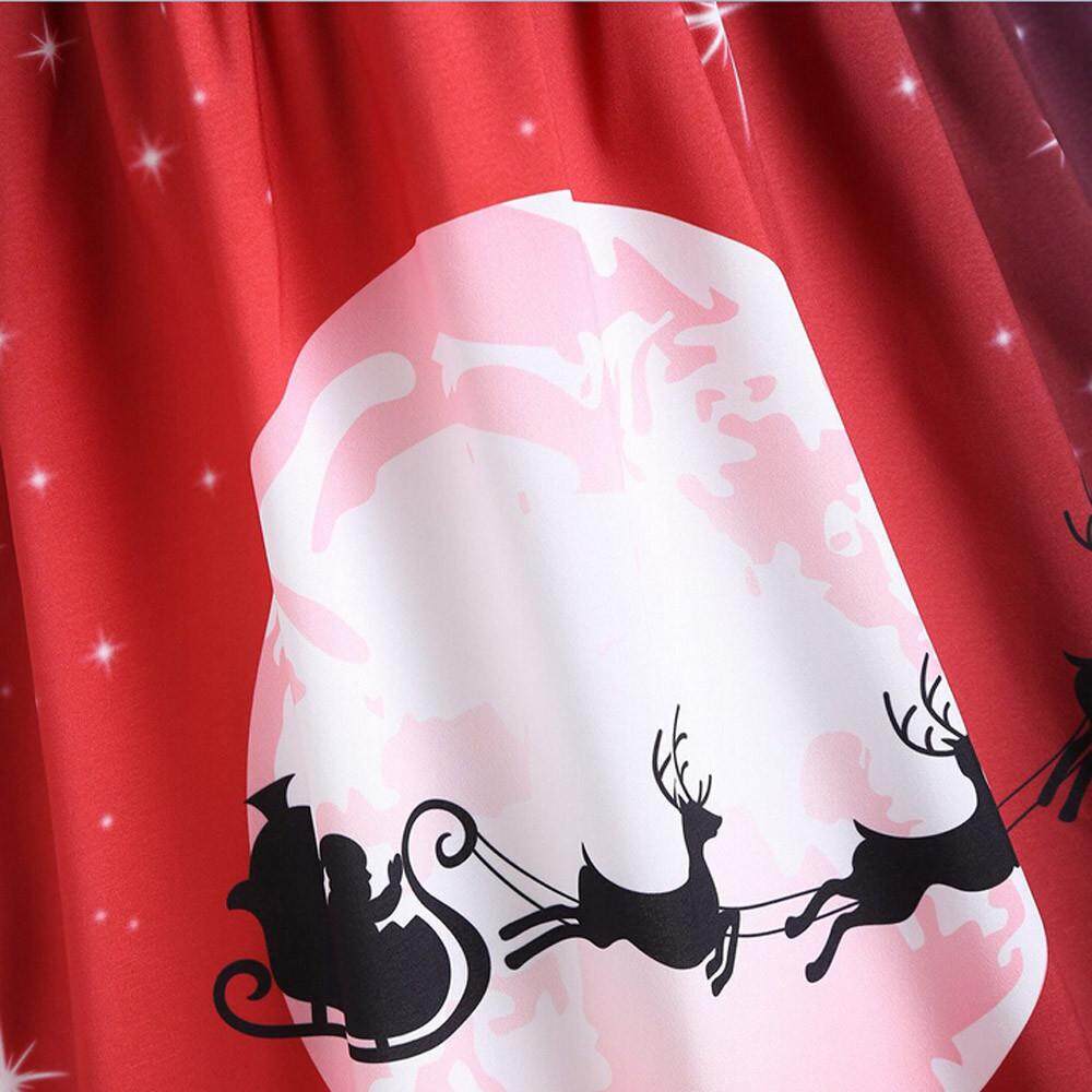 Fashion Women Vintage Merry Christmas Print Long Sleeve Mesh Evening Party Dress