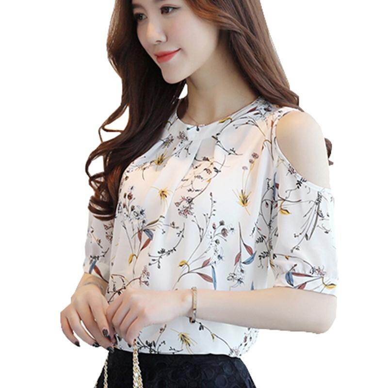 Women Off Shoulder Blouse Summer Print Floral Chiffon Shirts Short Sleeve Blouses Casual Ladies Clothing Female Blusas Tops