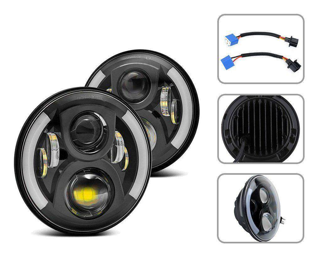 2x7 inch Tròn 60 W HI/Lo ĐÈN Lái Đèn Pha/Xe Máy Lái Xe Đèn DRL Hào Quang Nhẫn góc Mắt JEEP