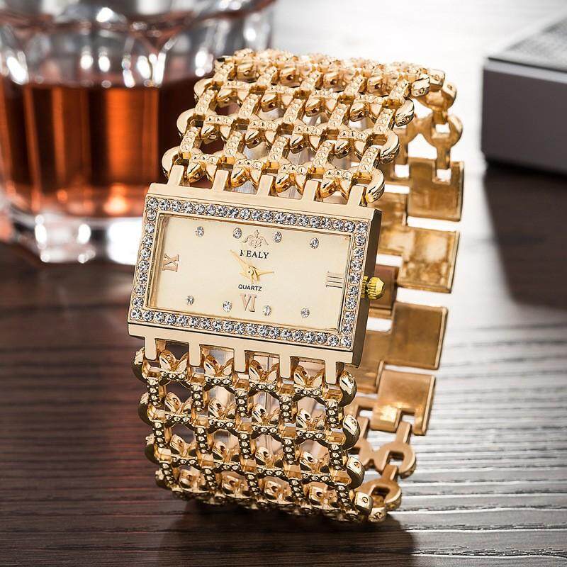 Jenama Baru Wanita Menonton Mewah Rantaian Berlian Buatan Mode Emas Jam Tangan Aloi Persegi Jam Tangan Gelang Pelajar Relievo Feminino
