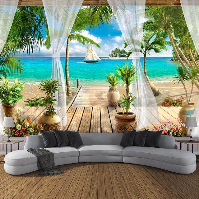 Custom Wallpaper Sticker Beach Balcony For Living Room Sofa TV 3D Mural Wallpaper Home Decoration