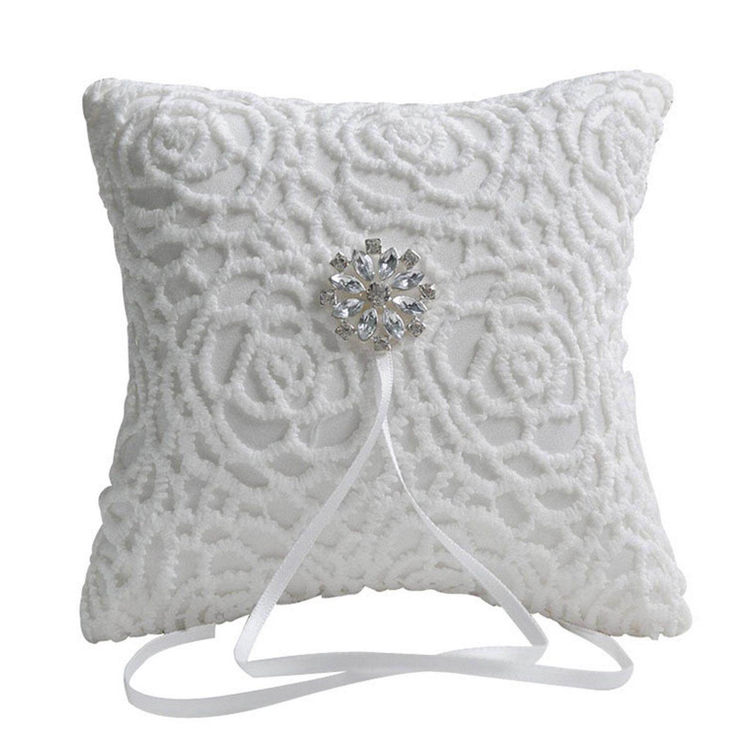 Lovely Rhinestone Ribbons Decor Bridal Wedding Ring Bearer Holder Pillow Cushion with Delicate Lace Pattern 15 x 15cm - intl