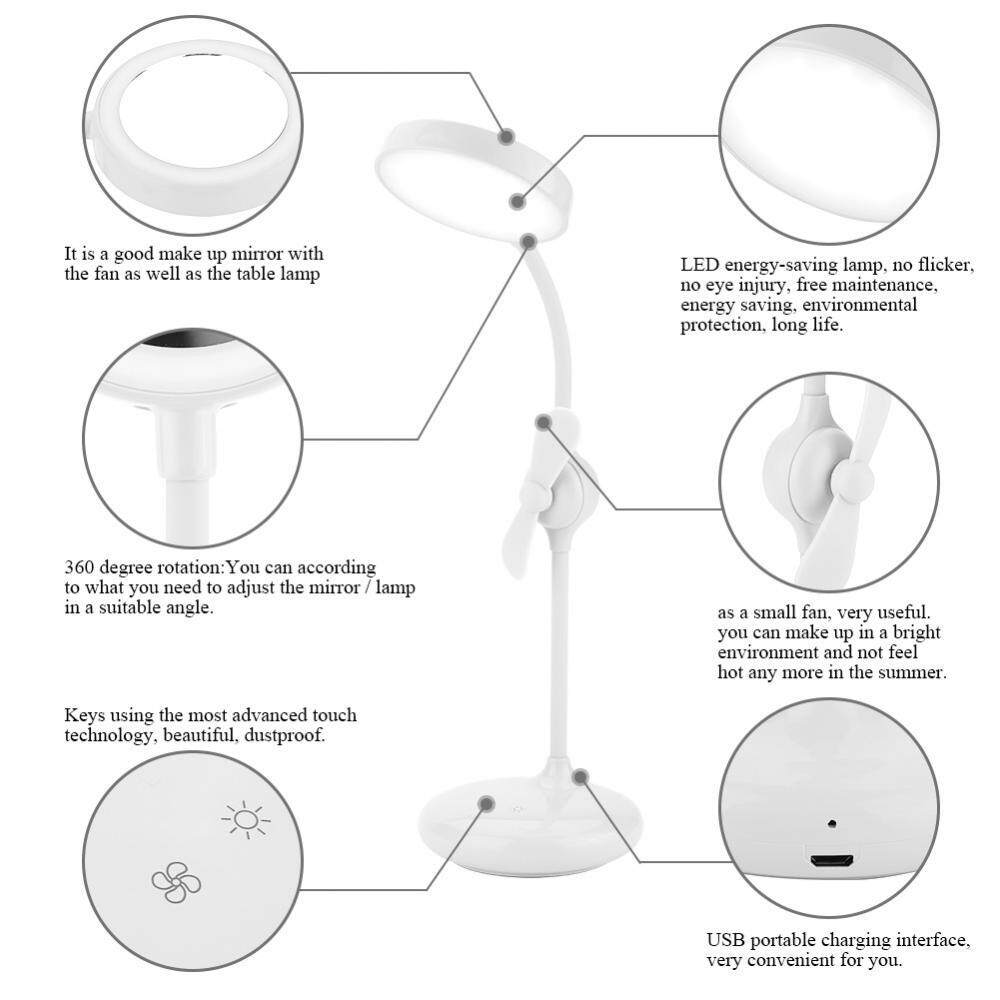 Led Makeup Mirror Eye - protection Lamps Stepless Adjustable Touch Control Table Lamp with fan - intl