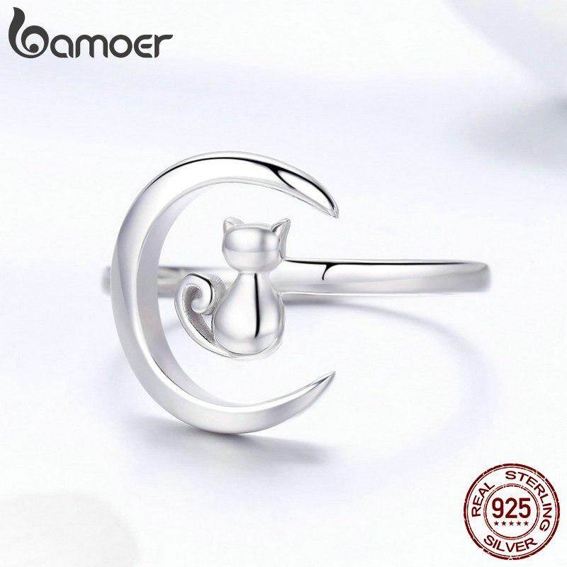 BAMOER Free Shpping October Authentic 925 Sterling Silver Moon Cat Open Size Adjustable Finger Rings for Women Wedding Engagement Jewelry SCR451