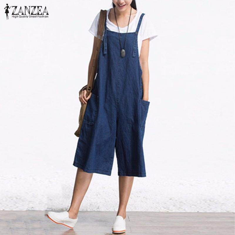 ZANZEA Rompers Womens Jumpsuit Summer Autumn Sleeveless Fashion Wide Leg Pants Denim Calf Length Vintage Overalls S-5XL