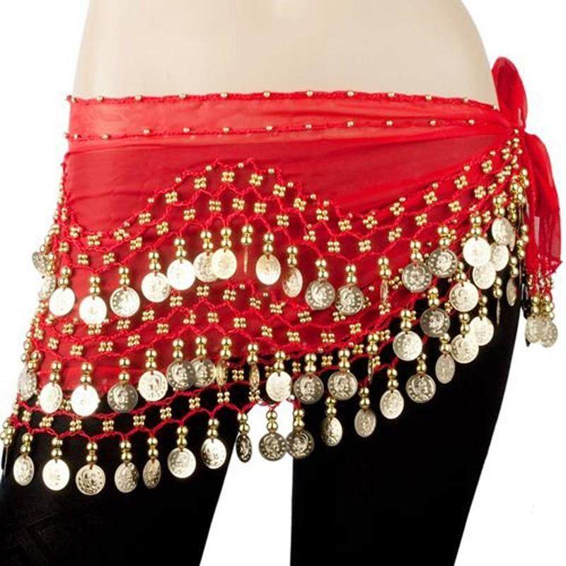 Egypt belly dance skirt costume wear hip wraps golden 128 coins belt chain（Red）