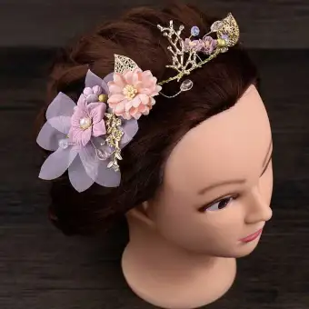 New Pink Flower Pearl Headband Tiara Hair Accessories For Bride