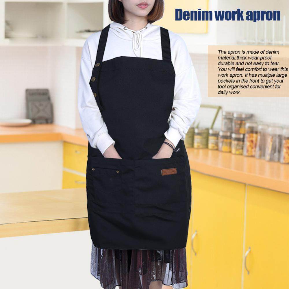 Denim Tạp Dề Baker Bếp Nhà Hàng Cà Phê Làm Việc Đồng Nhất với Mặt Trước Lớn Túi (Cổ khóa)-quốc tế