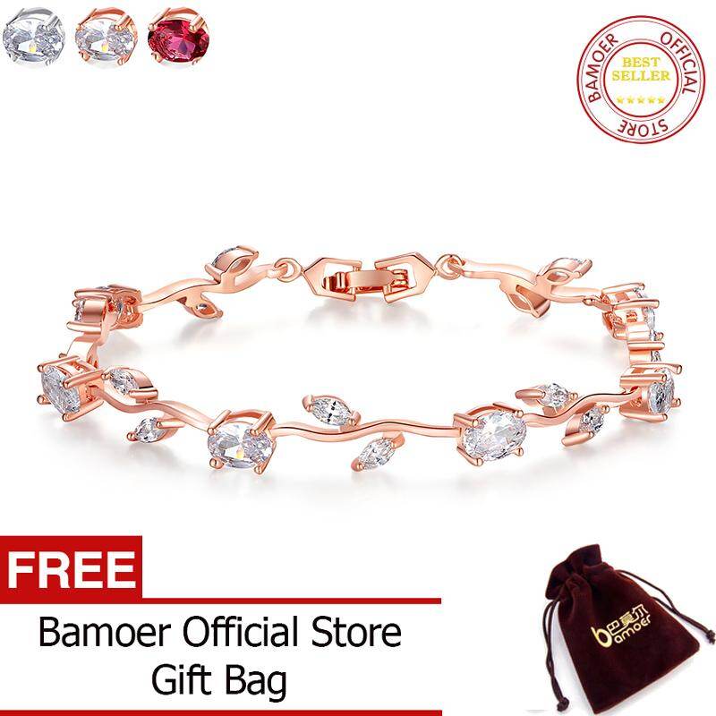 BAMOER Free Shpping Rose Gold/Silver 3 Color Leaf Chain & Link Bracelet with Clear AAA Zircon for Mother Gifts Jewelry JIB071