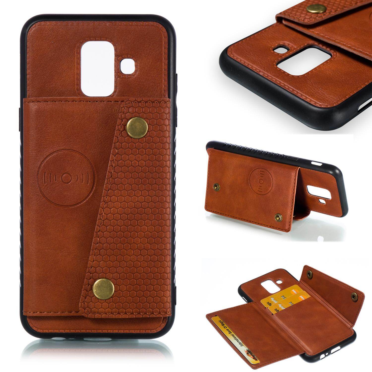 Cho Samsung A6 2018 da trường hợp nhiều Folio lật Bìa Wallet trở lại trường hợp vỏ, có thể làm việc với gắn trên xe hơi, ẩn thẻ tín dụng ID khe giữ, retro nút kim loại clasp, đứng hỗ trợ