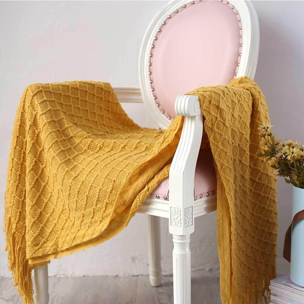 leegoal Cotton Square Knit Throw Blanket For Couch Chairs Beach Sofa Decorative,Lattice Sofa Yellow Blanket Air Conditioning Blanket