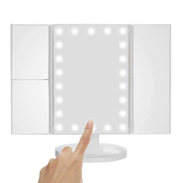 LED Lighted Touch Screen Trifold Makeup Mirror Tabletop Cosmetic Vanity Tri-Fold White