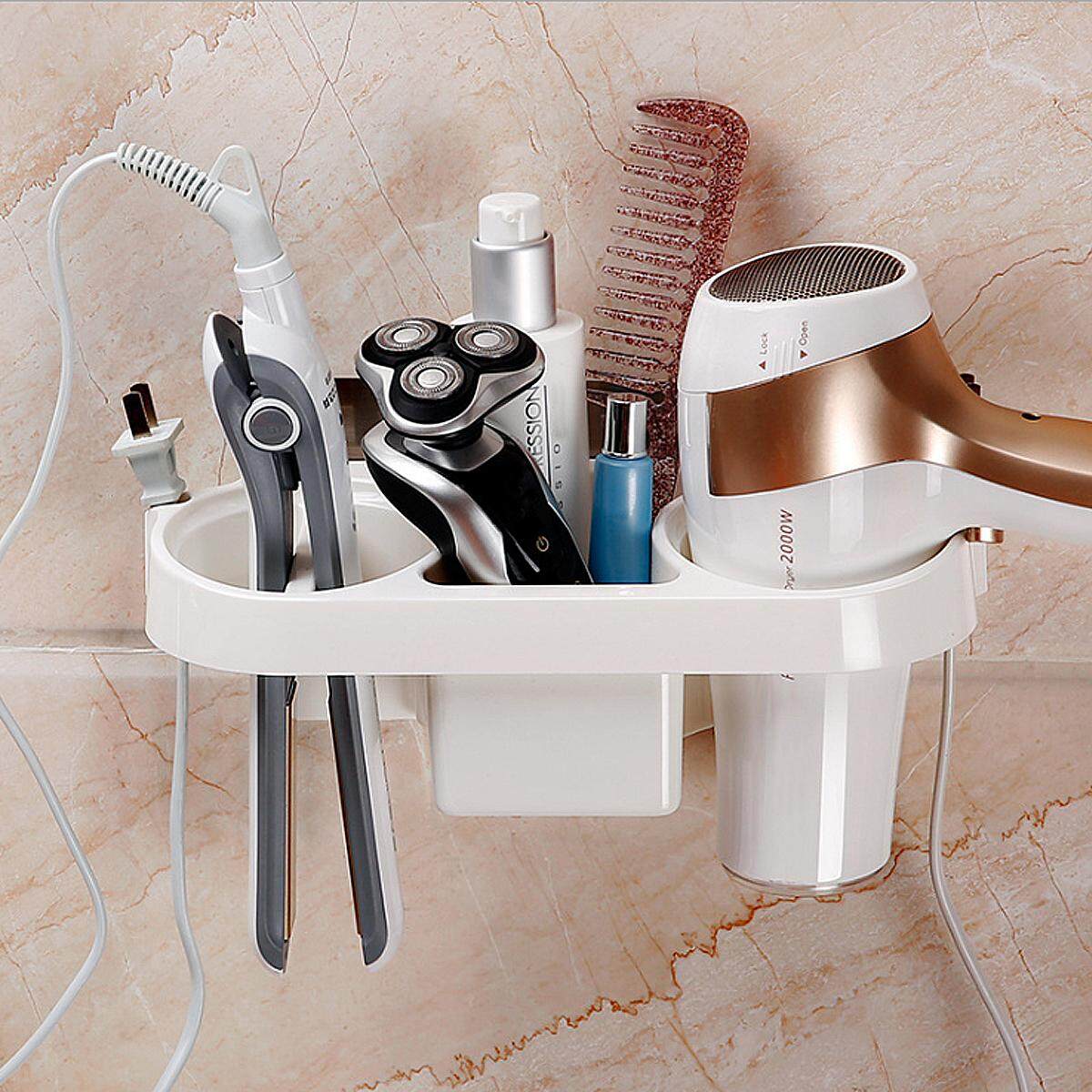 Removeable Double Hole Hair Dryer Storage Comb Organizer Wall Mounted Bathroom White - intl