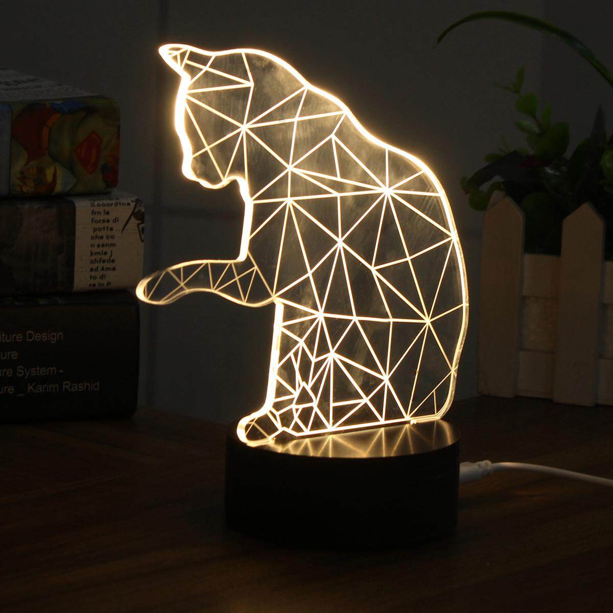 3D USB Cute Cat Acrylic Night Light LED Desk Table Decor Lamp Warm White Lamps