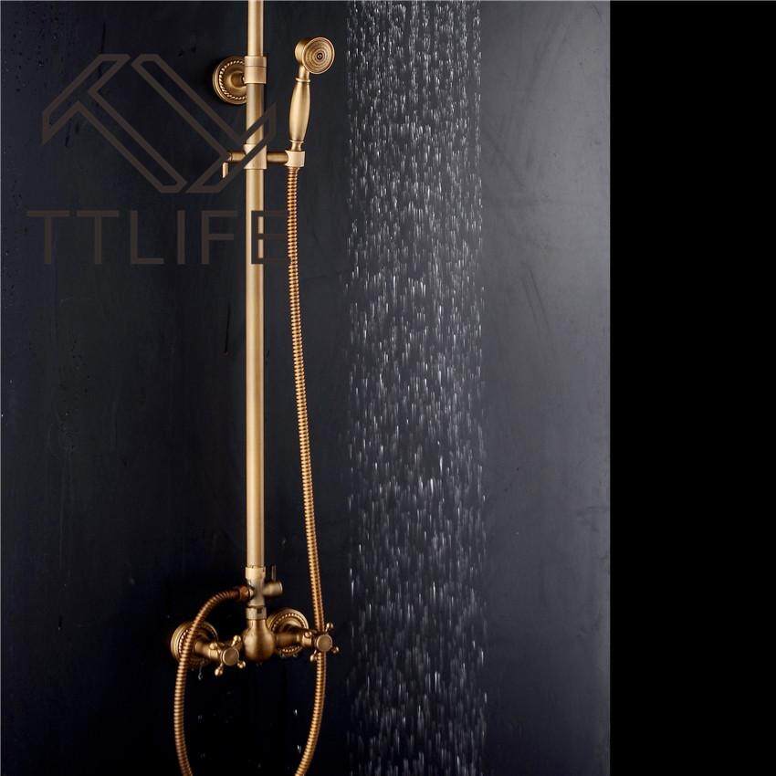 TTLIFE Bathroom Retro Shower Set Faucet Antique Brass Brass Style Dual Handles Wall Handles