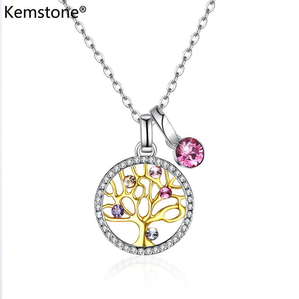 Kemstone Trendy Sterling Sliver Pink Swarovsky Crystal Life Tree Round Pendant Necklace Jewelry Gifts For Women