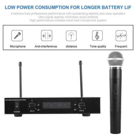 QNSTAR คาราโอเกะ UHF ระบบไมโครโฟนไร้สายไมโครโฟนแบบใช้มือถือพร้อมตัวรับสัญญาณสีดำ