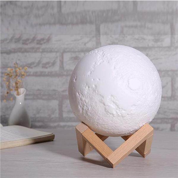 3D Moon Lamp LED Night Light Desk Top Lamp with Wooden Base and Touch Seneor 3 Color Changing USB Light 20cm