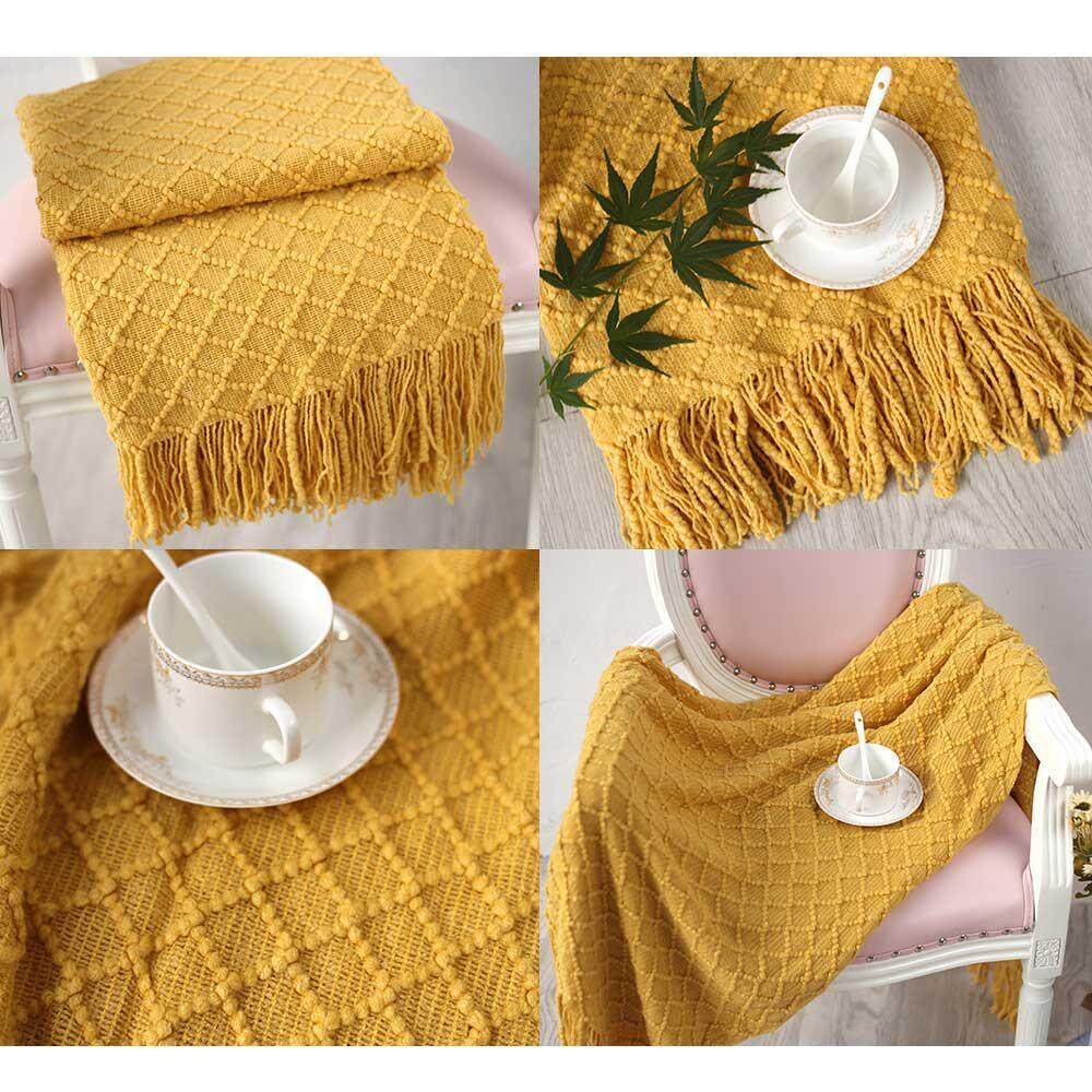 leegoal Cotton Square Knit Throw Blanket For Couch Chairs Beach Sofa Decorative,Lattice Sofa Yellow Blanket Air Conditioning Blanket