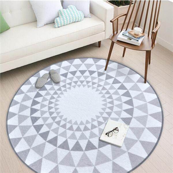 Nordic Round Floor Mats Nonslip Wearproof Fast Drying Ground Mats for Bathroom Livingroom (Light Grey Triangular Pattern Circle)