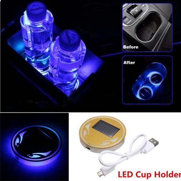 Universal Car Solar Energy Cup Holder Bottom Pad USB Led Blue Atmosphere Lights (Blue) - intl