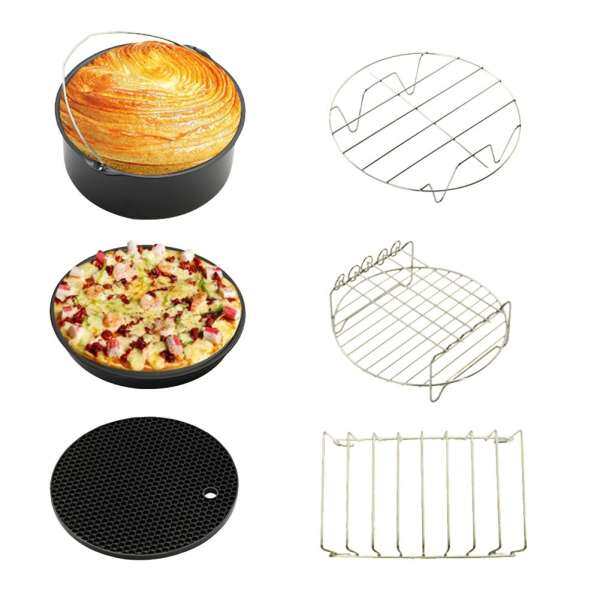 6PCS Home Air Fryer Set Kitchen Tool with Baking Basket Pizza Plate Bread Shelf Skewer Rack Pot Holder Pot Pad Specification:7 inches