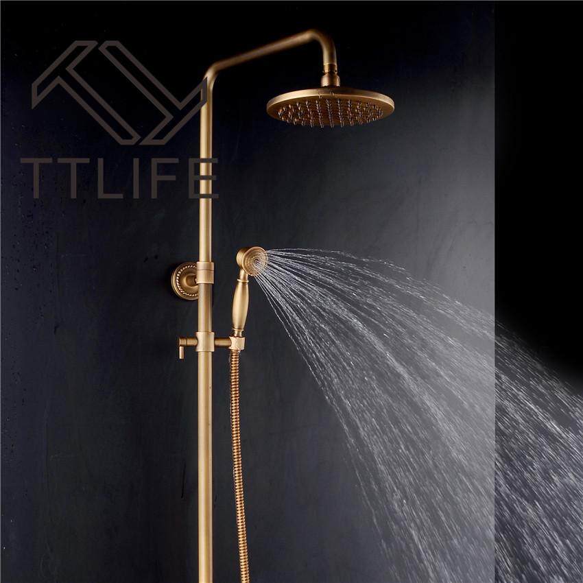 TTLIFE Bathroom Retro Shower Set Faucet Antique Brass Brass Style Dual Handles Wall Handles