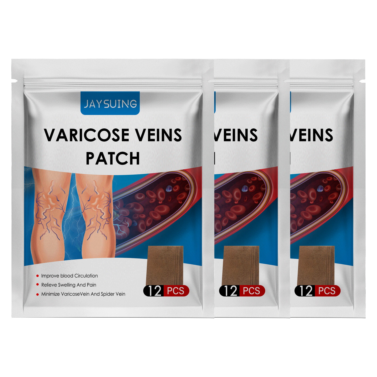 Jaysuing Varicose Veins Patch Relieve Tired Legs Dilated Vasculitis Phlebitis Spider Ointment Reduce Swelling Promote Blood Circulation Patch Phlebitis Angiitis Remedy Pain Relief Stickers Effective Varicose Veins Relief Serum （12pcs/bag）