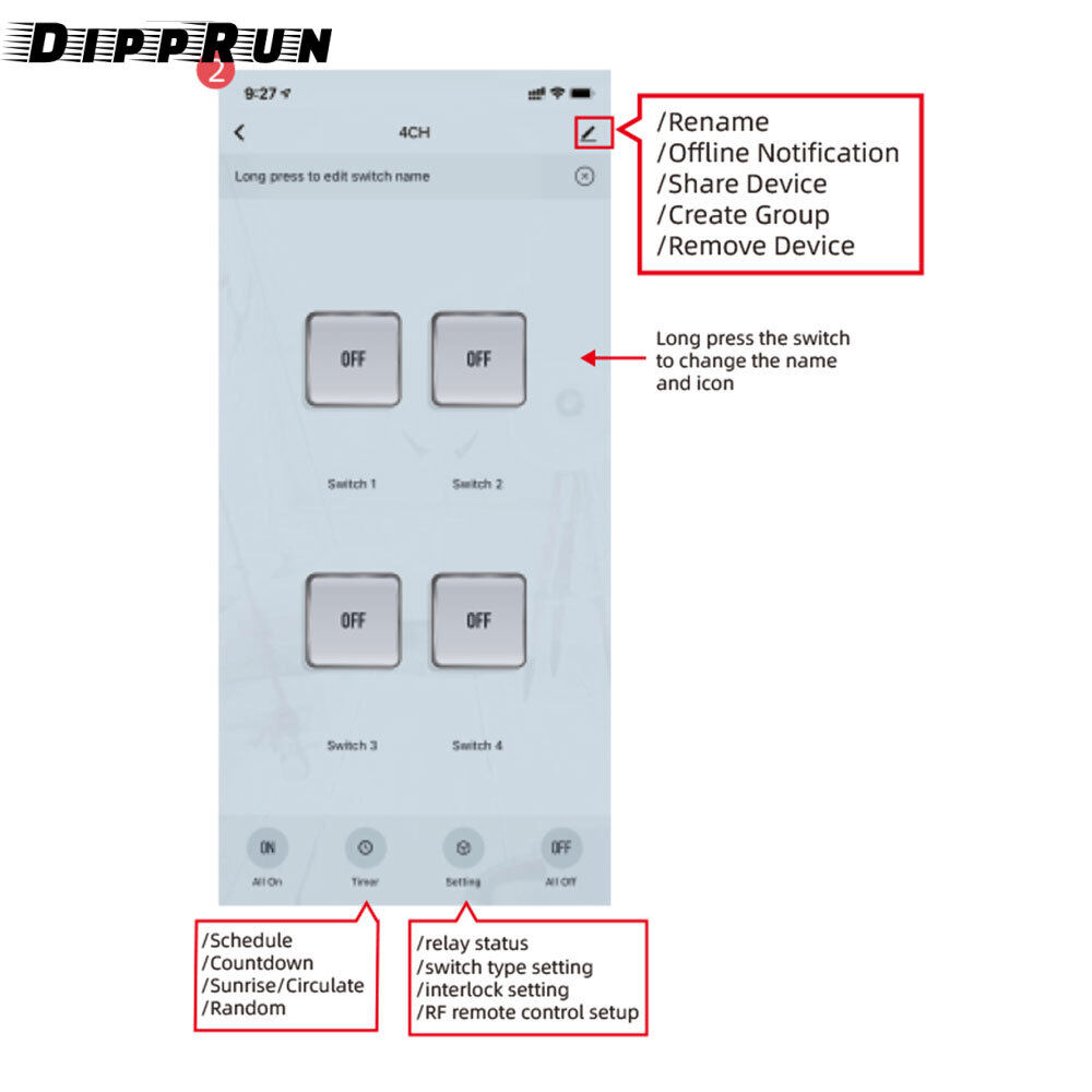 DIPPRUN 5V/DC7-32V Smart Wifi Motor Switch Module RF 433 Radio Remote Control 4 Channels Inching Relay