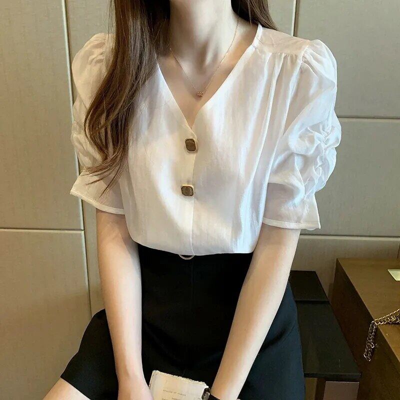 Short Sleeve Chiffon Shirt Women Korean Style Button V Neck Slim Tops Casual Office Puff Sleeve Blouses